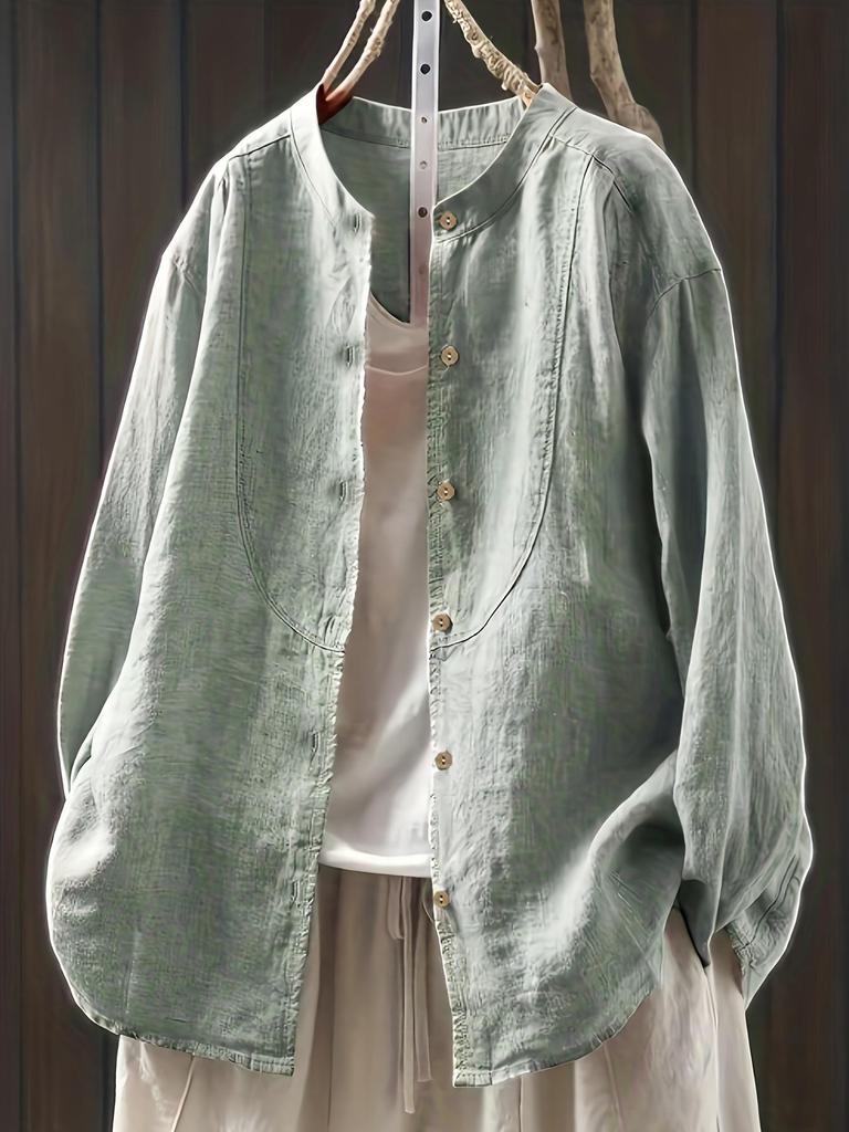 Autumn 2025 Casual Retro Linen Stand Collar Cardigan Shirt