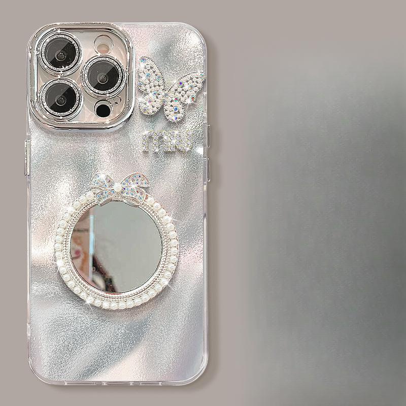 Flash Diamond Butterfly Pearl Round Mirror Suitable for Apple 16 Mobile Phone Case 15 Bracelet 14 High-end Feeling 13 All Inclusive 11 Women