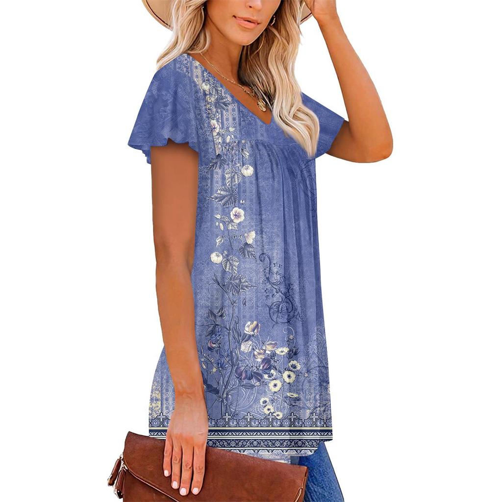 Women's Tunic Tops Elegant Casual Summer Short Sleeve Shirts Floral Loose Pleated Bohemian Tops