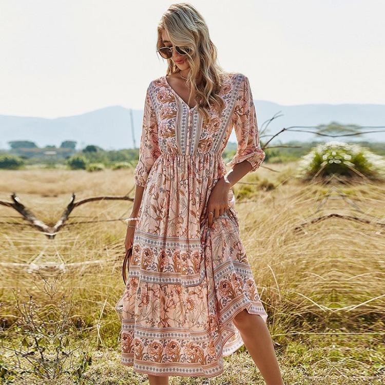 Kvinner Bohemia Blomstermønstret Kjole Vår Sommer A-linje V-hals Høy midje Halv erme Midt på leggen Blå Rosa Rose Rød Størrelser S-XL