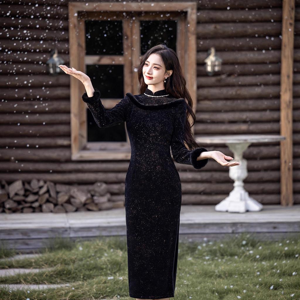 1011 autumn and winter new product elastic slim temperament thin long-sleeved cheongsam literary new Chinese thickened primer skirt
