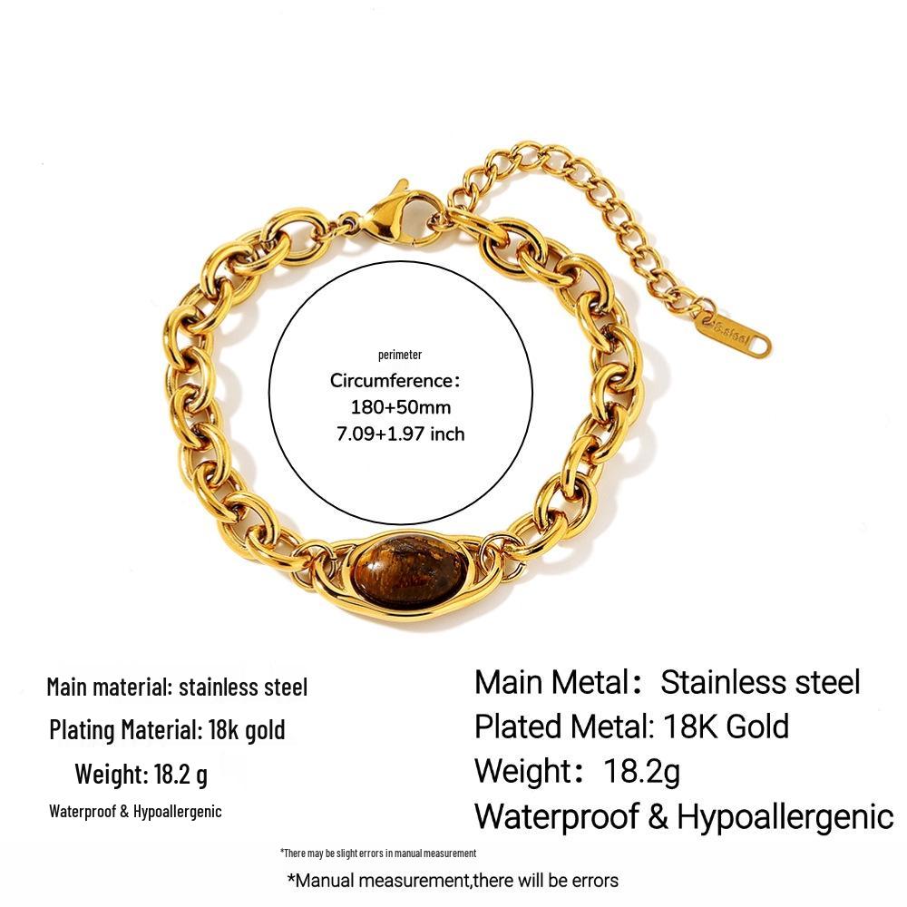 Ying Tai Stainless & Titanium Steel Bracelet with Tiger Eye and Natural Stone, High-Polished, 18k Gold-Plated, Retro European-American Style
