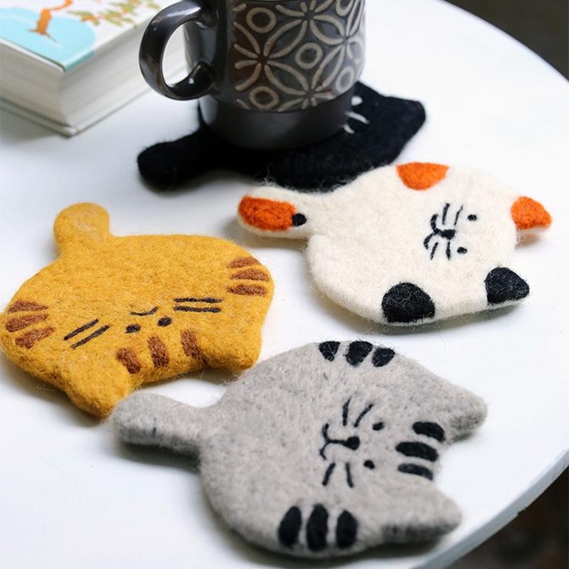 1PC Mugs Cup Cute Table Mat Heatproof For Coffee Cartoon Wool Felt Handmade Placemat Kitten Coaster