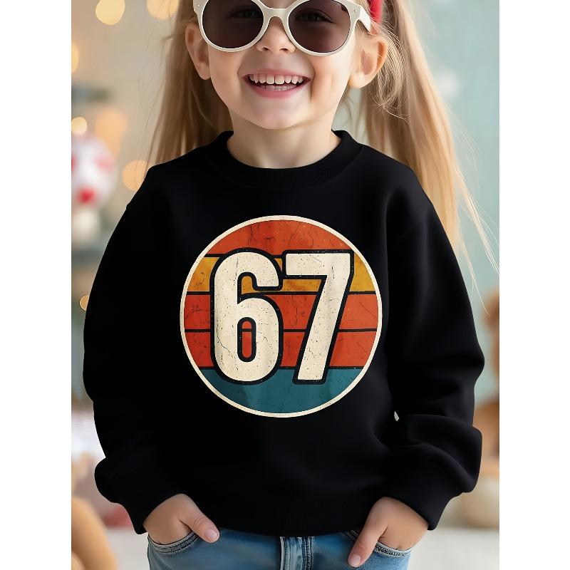 Kids Unisex Black Crewneck Sweatshirt, Vintage Retro Striped Circle Distressed 67 Number Print Long Sleeve Pullover, Sweatshirt for Boys Girls Ages 4+