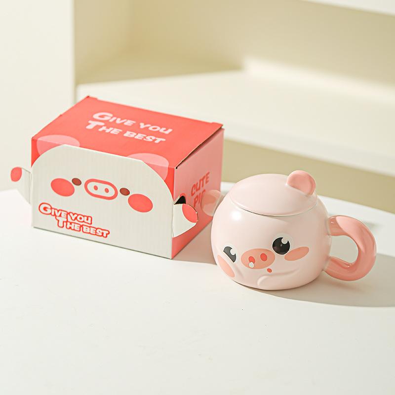 Schwein Tasse Rosa Mädchen Herz Kreativ Zuhause Büro Keramiktasse Geschenk Cartoon Frühstückstasse 301-400ml beige