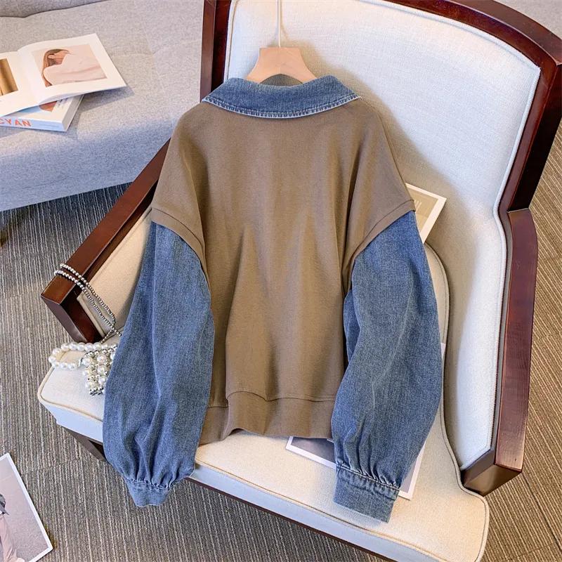 Bluza damska na wiosnę i jesień, dżinsowa, patchworkowa, z dekoltem w serek i długim rękawem, luźny sweter