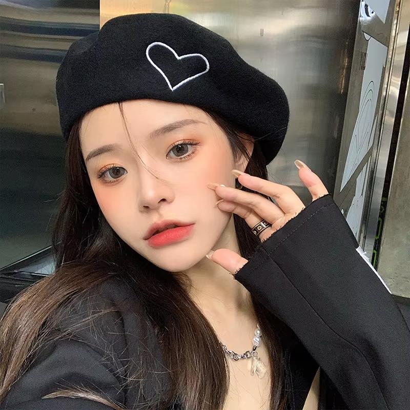 Winter Wool Beret Hat for Women Lady Love Heart Embroidery Warm Pumpkin Hats Ins Korean Girl Y2K Artist Painter Octagonal Caps