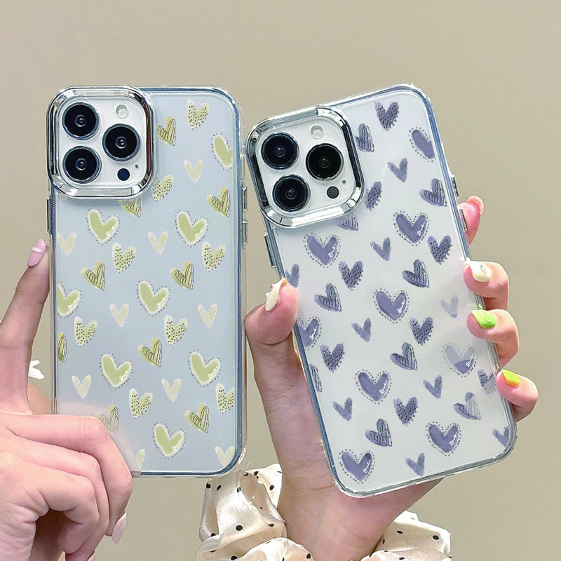 Luxury Electroplating Lens Frame Cute Love Heart Case For iPhone 16 15 14 Pro Max Plus 12 13 Pro 11 Clear Shockproof Phone Cover