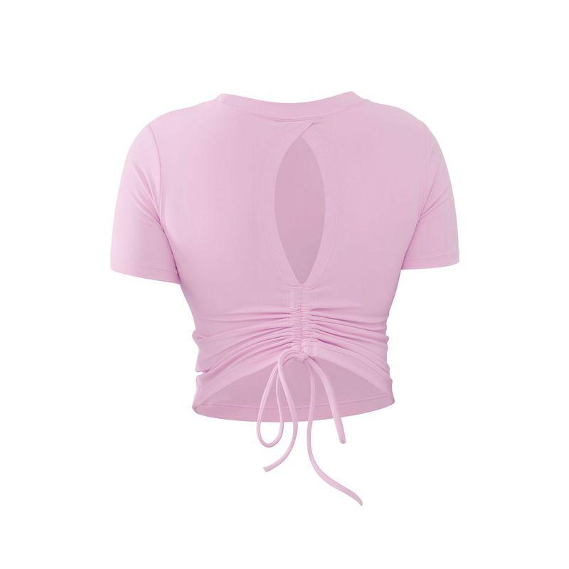 

Trade Belt Chest Pad Yoga Clothes Short sleeve Women High Elastic Nude Feel Hollow Beauty Back Workout Clothes Drawstring Waist Hugging Sports Top Light purple M