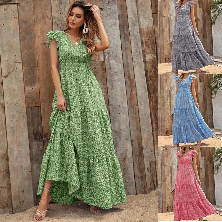 

Women s Floral V-Neck Ruffled Sleeve Maxi Dress with Tiered Hem in Green/Grey/Blue/Pink S червоний