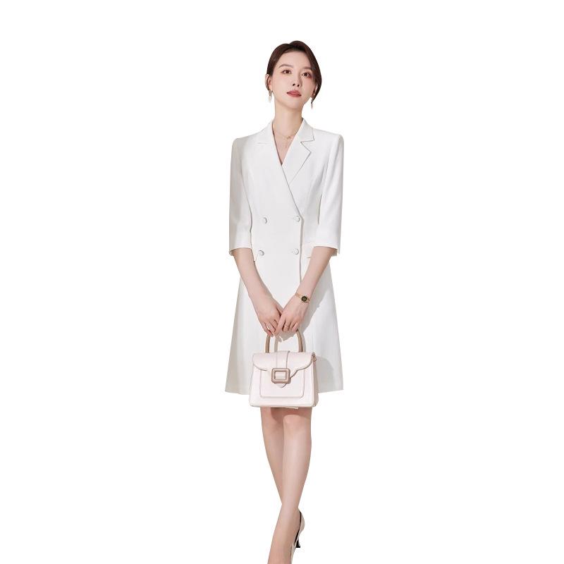 Spring/Summer White Double-Breasted Midi Dress with Suit Collar and Formal Workwear Elegance
