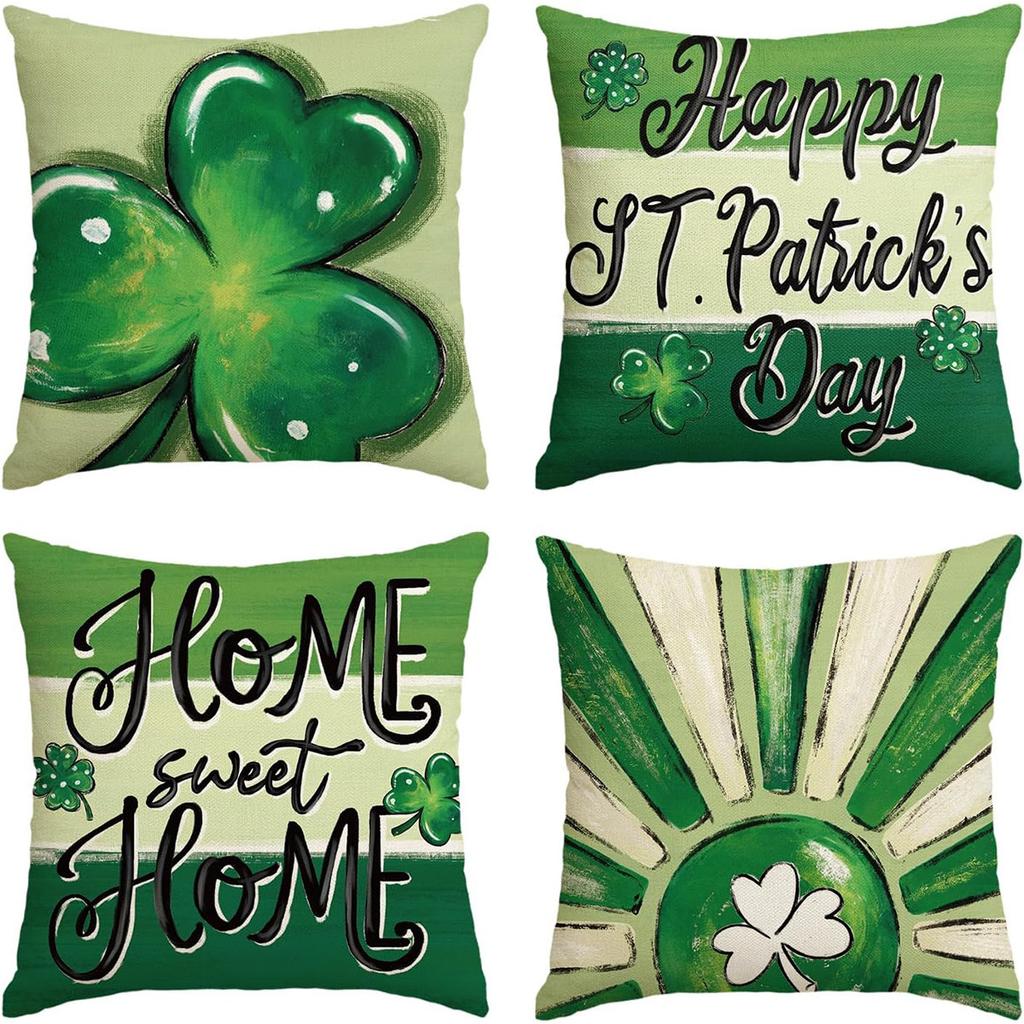St. Patrick's Day Pillow Cover Line Printed Pillow Cover Green Four-leaf Crocodile Cushion Cover