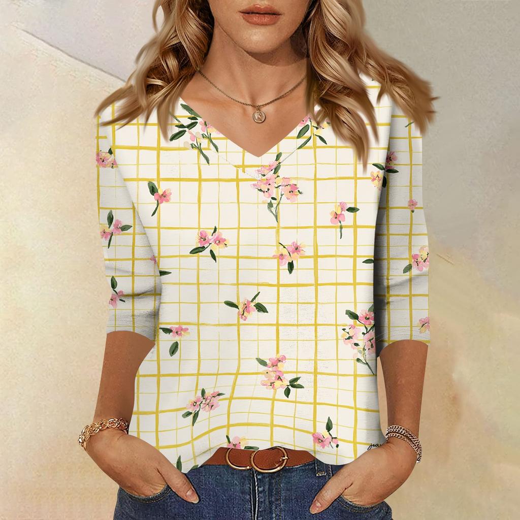 Women's V-Neck Three-Quarter Sleeve Small Floral Print Blouse - Loose Fit Casual Top for Summer