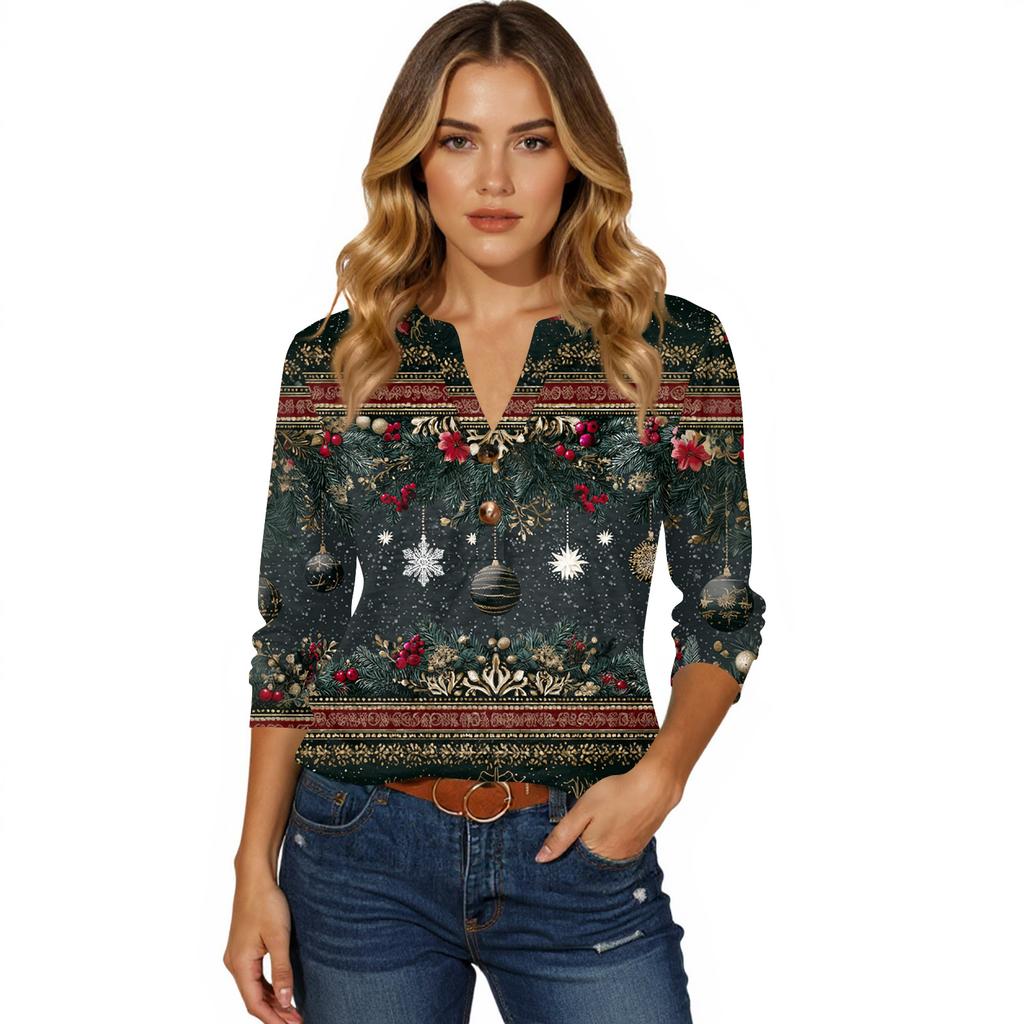Women's T Shirt Print Button 3/4 Sleeve Daily Weekend Fashion Basic V- Neck Regular Top