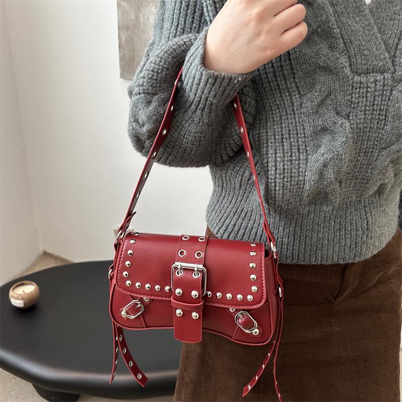 Spicy Girl Women's Studded Baguette Bag – Spring 2025 Motorcycle-Style Shoulder & Crossbody Design