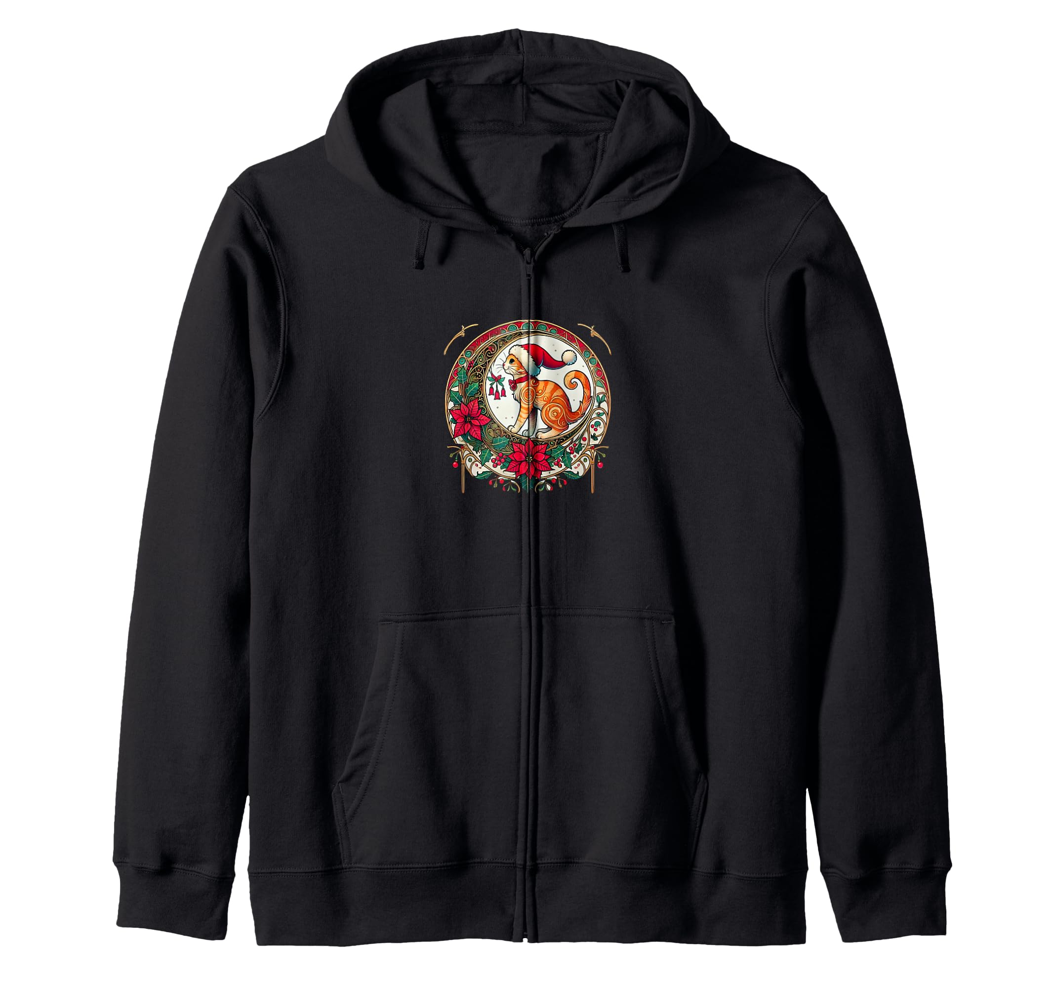 

Рождественский рыжий кот в шапке Санты Иллюстрация Ар-нуво Худи на молнии