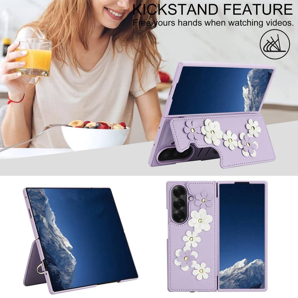 For Samsung Galaxy Z Fold 7 6 5 4 Case, Wallet with Card Holder,Cute Flower Design Crossbody Purse,Magnetic Kickstand Shockproof