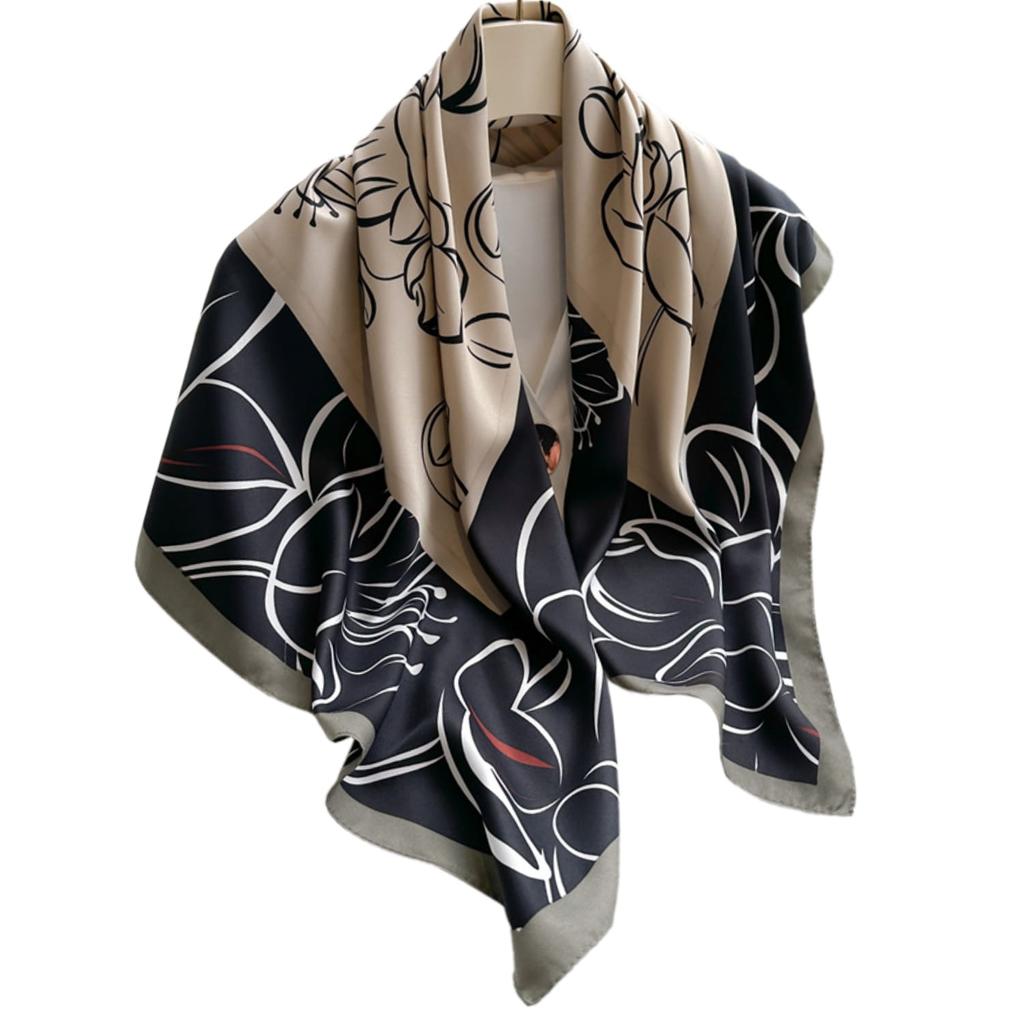 Women' Scarf Black and Beige 90X90 - Floral Line Art in an Elegant Edition