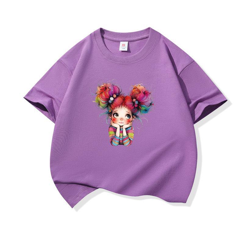 Kids Cotton T Shirt Cheerful Rainbow Hair Girl Graphic Print Crew Neck Short Sleeve Tee Casual Boys Girls Summer Tops