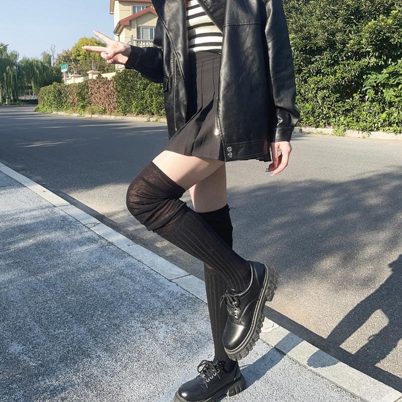 Japanese Women Elastic Over Knee Socks Student Slouch Top Rib Knit Long Stocking