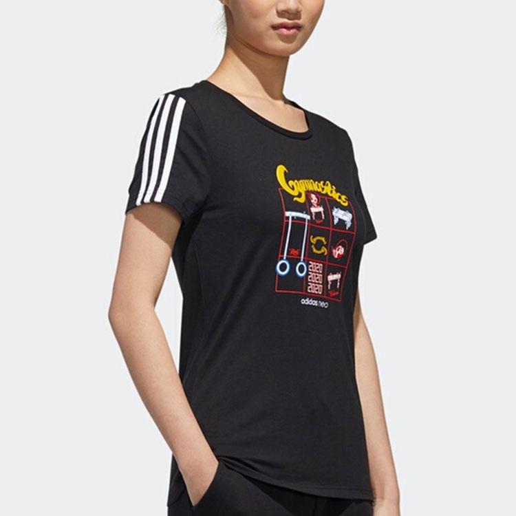 Adidas Neo Three-Stripe Pattern Print Round Neck Short Sleeve T-Shirt Women Tops Black GK1567