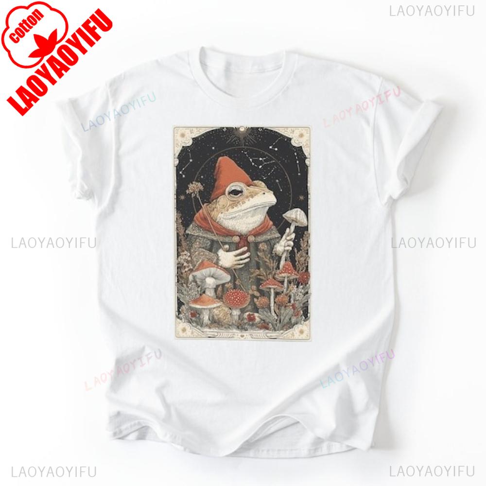 Frog Wizard and Mushroom Tarot TShirt Mystical Spirit Animal Print Shirt Creative Design Unisex Tshirt Men Women Vintage Tee
