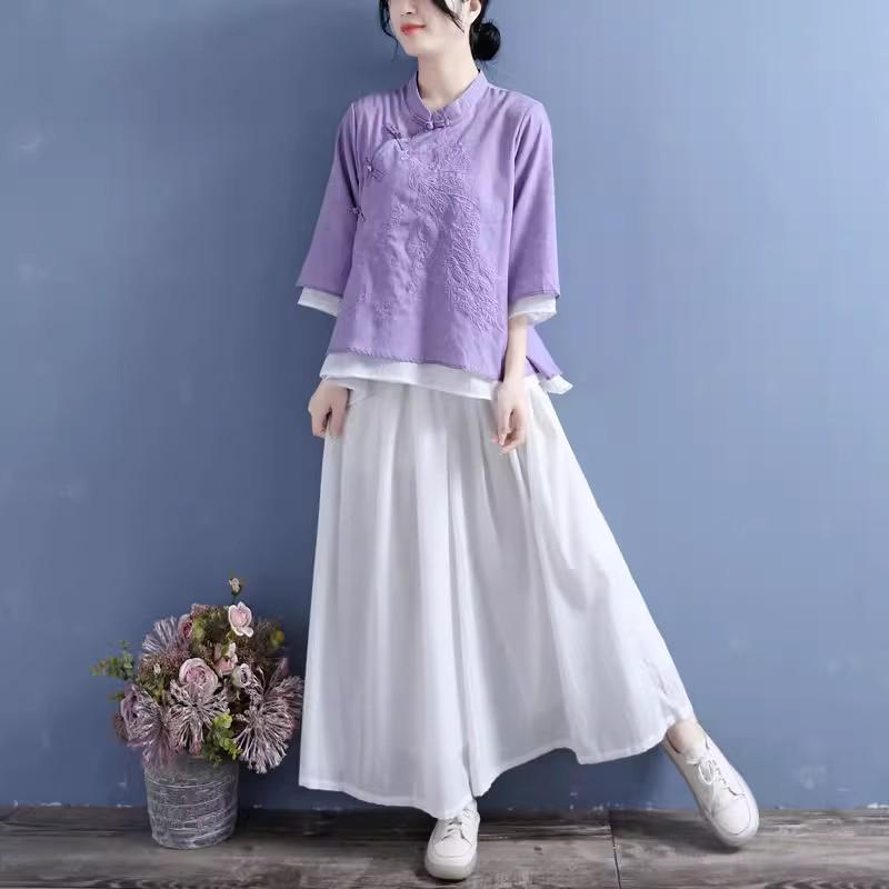 Women's Spring Cotton-Linen Top: Frog Buttons, Embroidered, Oblique Placket, 3/4 Sleeves, Pink/Yellow. Perfect for Tea Ceremonies.