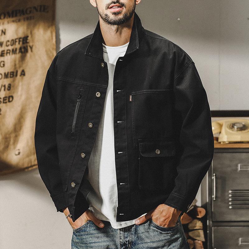 Men's Autumn Loose Fit Cotton Workwear Jacket - Trendy, Multi-Pocket, Plus Size, Casual Lapel Top