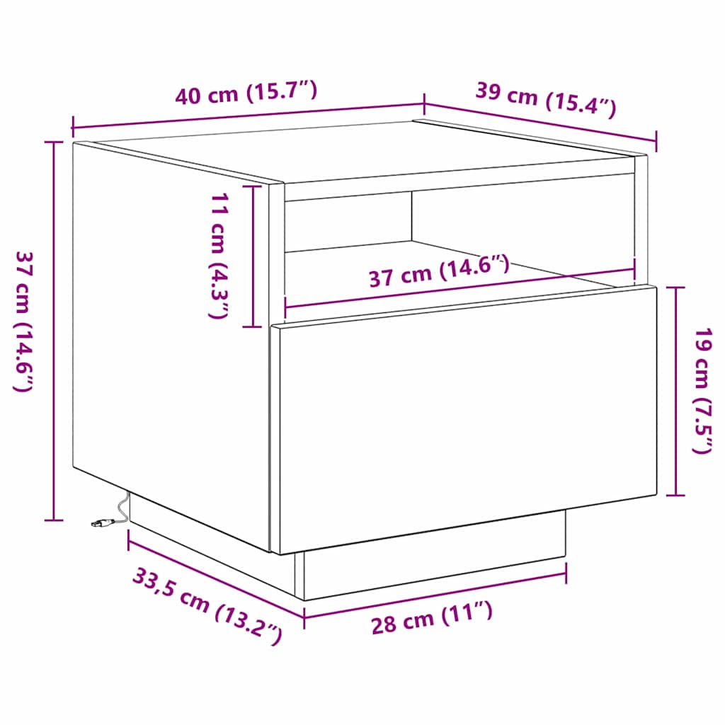 LED-Nachtkommode, niedriger Schubladenschrank, 40x39x37 cm