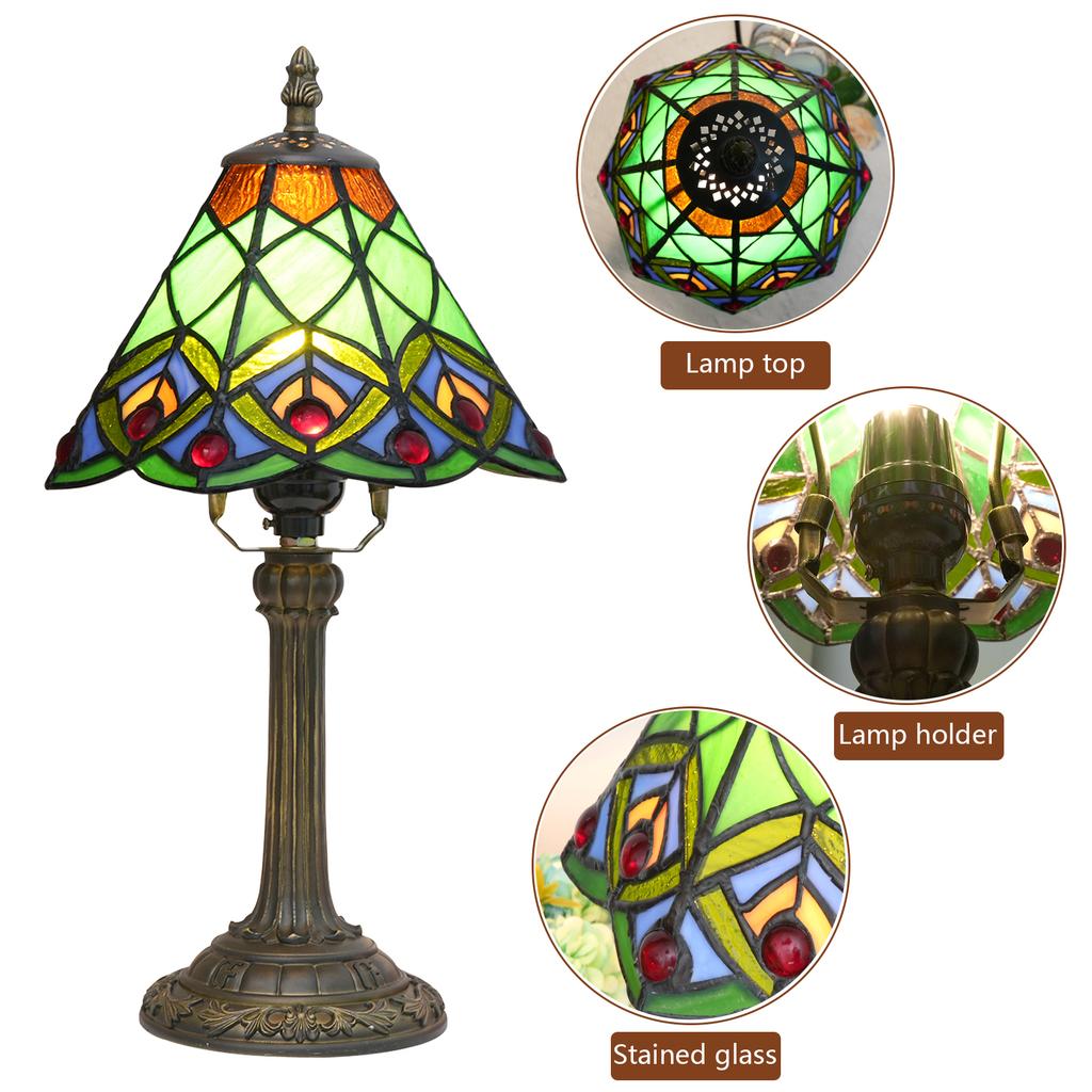 Table Lamp Green Peacock Tail Stained Glass Lamp Vintage Desk Light for Bedside Living Room Office Dormitory Dining Room