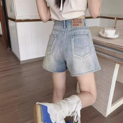 Pantaloni scurți albaștri cu talie înaltă și crac larg pentru femei 2024: Stil Hong Kong, Mărimi Mari, Moda de Vară pentru Slăbit