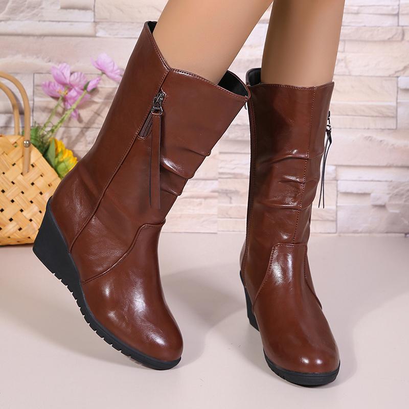 Leather Women Wedges Mid Calf Shoes Designer Retro Zippers Mid Heels Shoes New Brand 2025 Trend Winter Classic Goth Botas Mujer