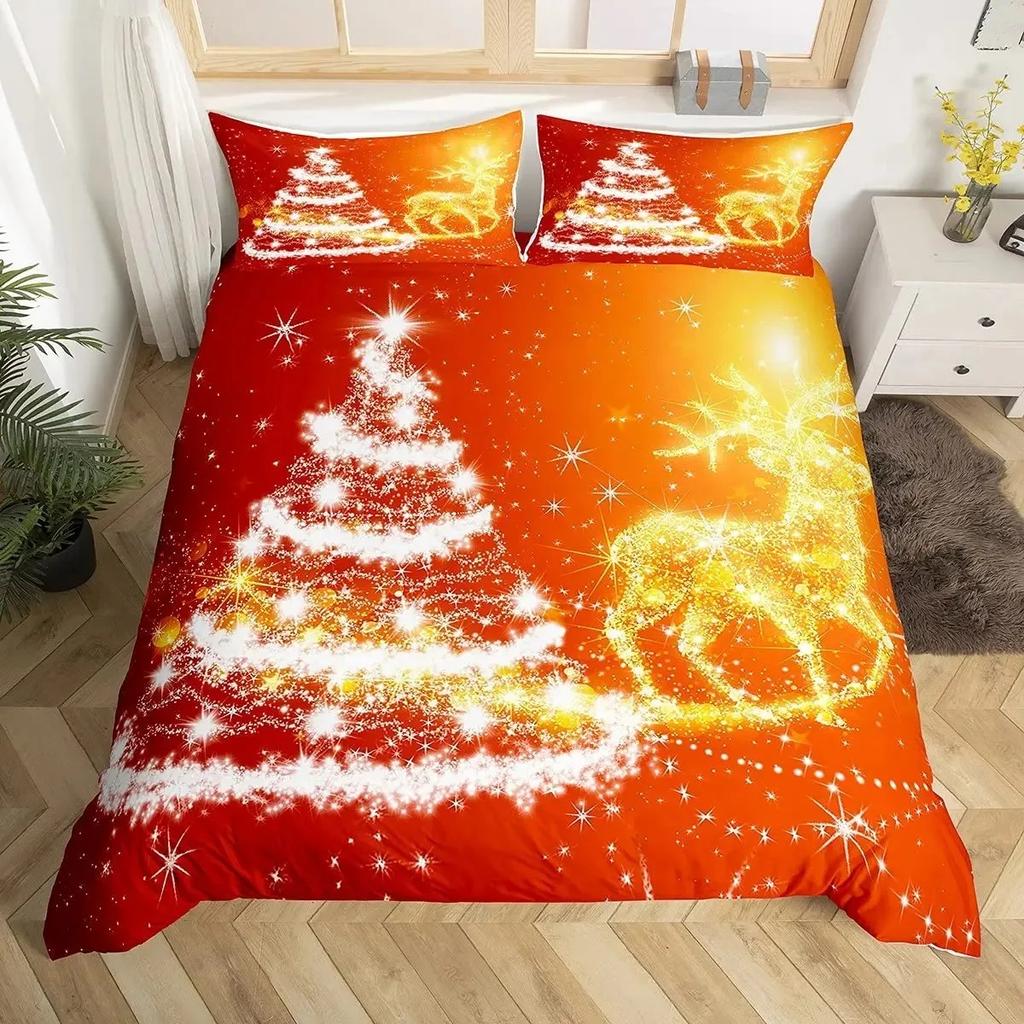 Gold Christmas Duvet Cover Set Gold Elk Xmas Printed Cartoon Christmas Festival Bedding Sets Full Queen Size with Pillowcase