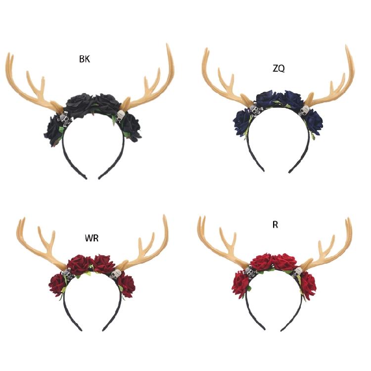 Gothic Flower Skull Headdress Deer Horn Headband Halloween Party Accessories