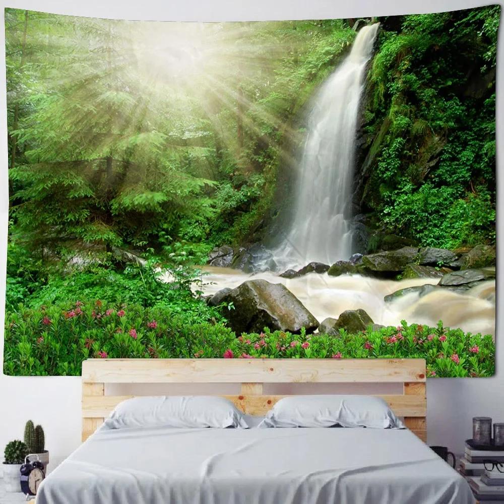 Schöne Waldwasserfall-Wandteppich Wohnzimmer Stoff Wandbild Heimdekoration Wandtuch Strand Picknick-Tischdecke Schlafmatte