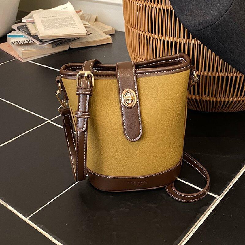 IELGY Ladies Bucket Bag Retro Contrast Color Shoulder Messenger Bag