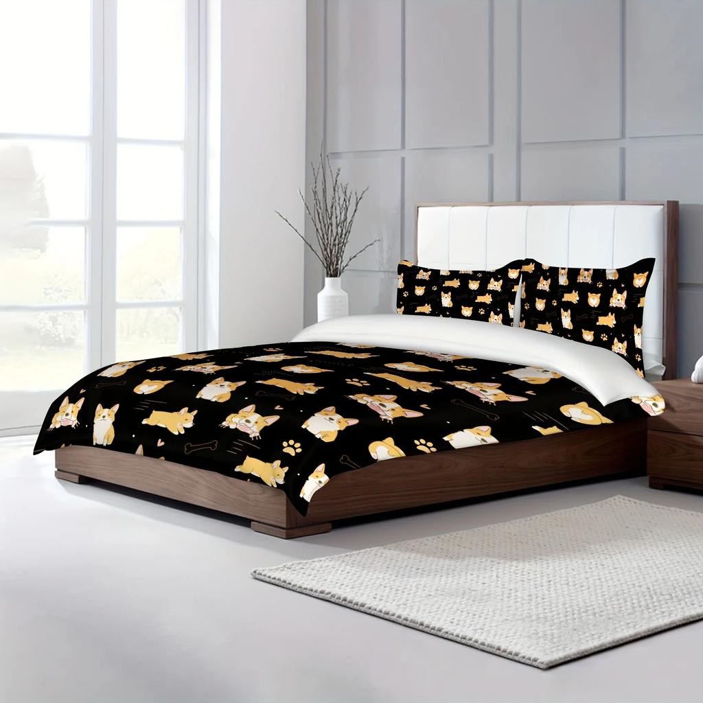 Cute Corgi Bedding Set Twin Size, Cartoon Dog Paws Footprint Duvet Cover Set 3pcs For Bed Decor, Smiling Corgi Pet Comforter