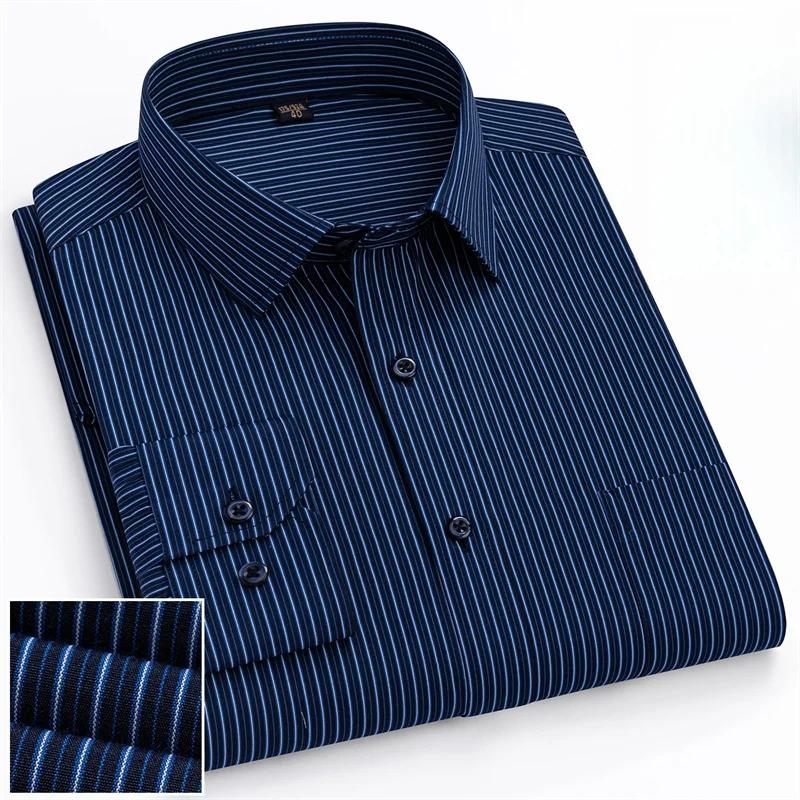 6XL Work Blue White Shirt Long Sleeves Men Formal Shirt Long Sleeve Office Solid Color Classic Striped Fashion Business Pocket