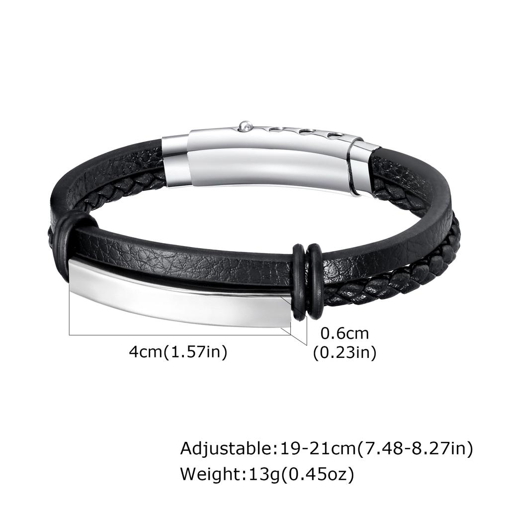 Mens Leather Bracelets Adjustable,Personalized Stainless Steel Bangle Multi Layer Learther Wristband,Gift for Father Dad Husband