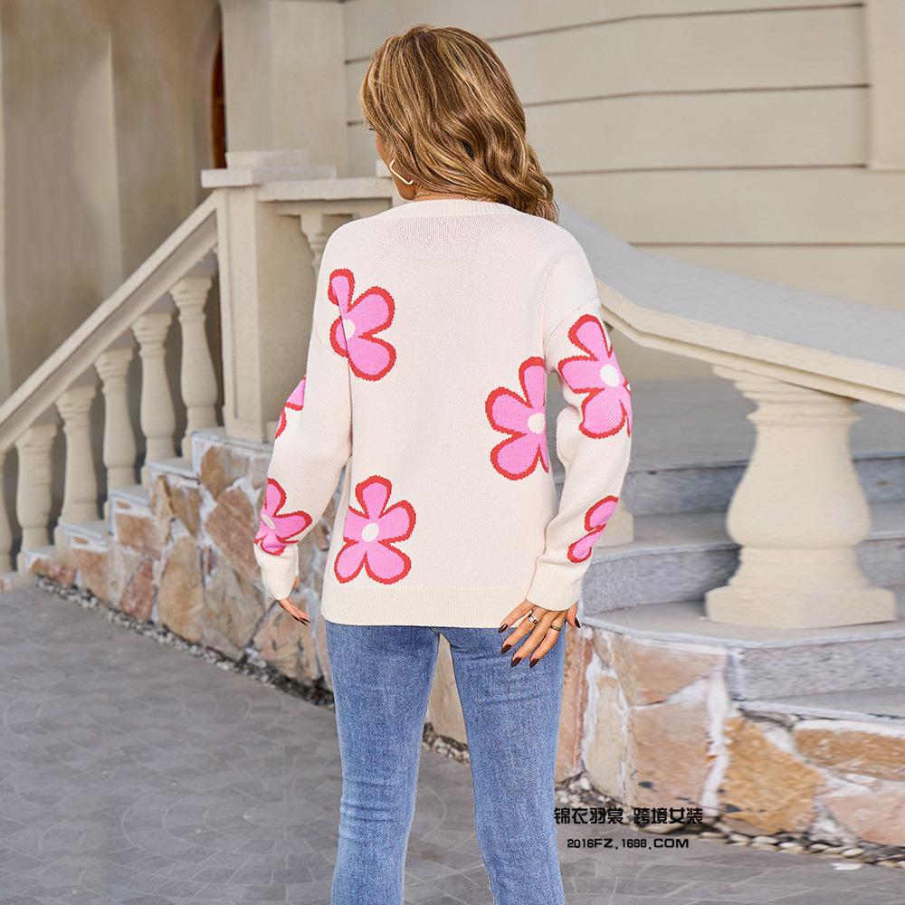 Neuer lockerer Pullover mit Jacquardmuster für Damen, trendiger kontrastfarbiger Rundhals-Pullover