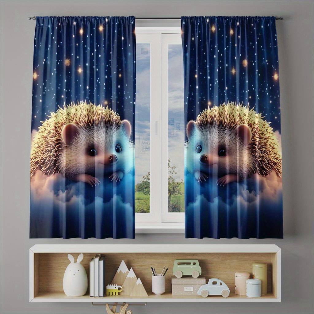 Starry Night Hedgehog Curtain Set Cute Animals Nursery Window Drapes Kids Room Decor Blue Galaxy Backdrop Polyester Curtains