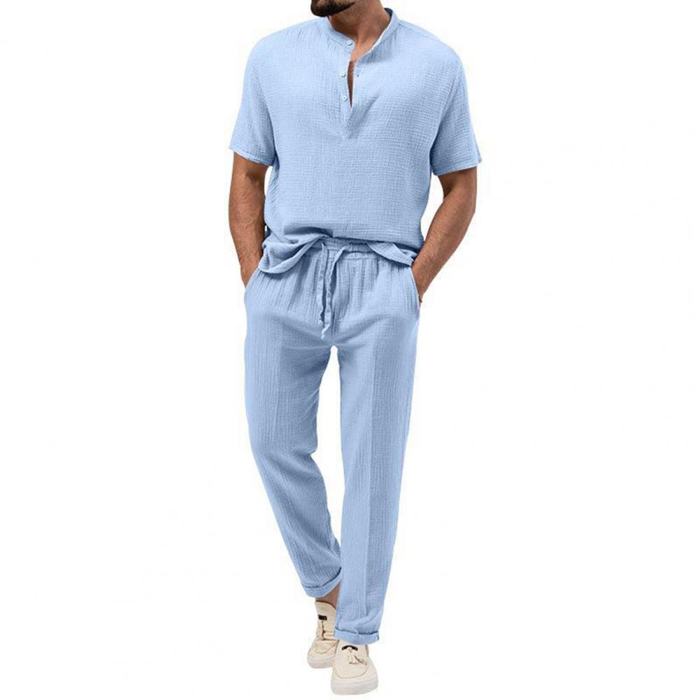 2Pcs/Set Men Summer Outfit Stand Collar Buttons Neckline Short Sleeve T-shirt Elastic Waist Drawstring Pockets Long Pants Set