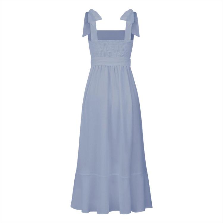 Women Summer Casual Sleeveless Spaghetti Strap A-Line Dress High Waist Long Split Solid Color Dresses