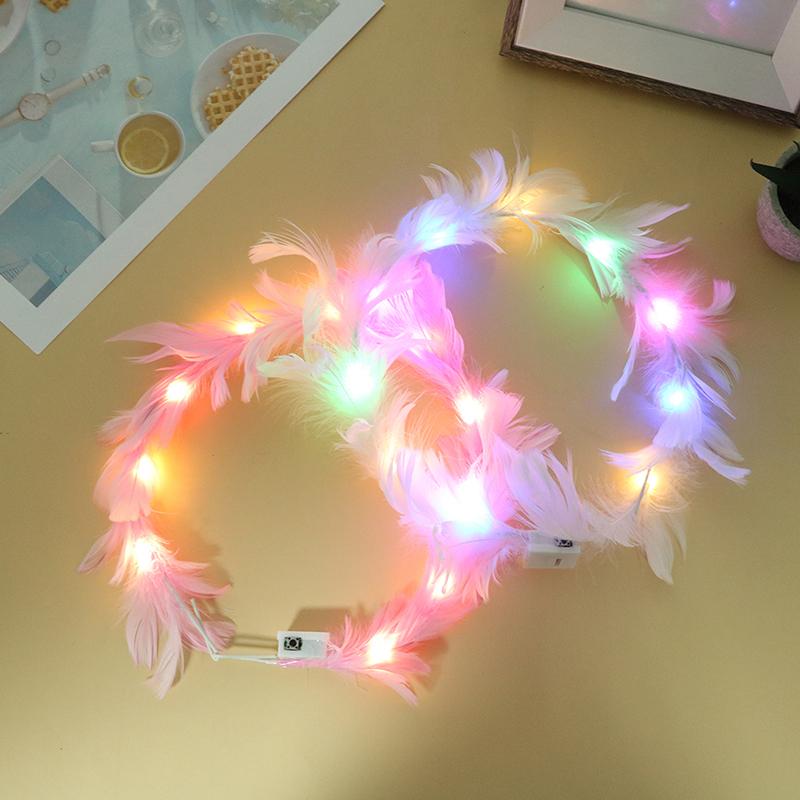 Led Feather Wreath Crown Light-Up Luminous Headdress For Women Girls Wedding Christmas Glow Party Decoration