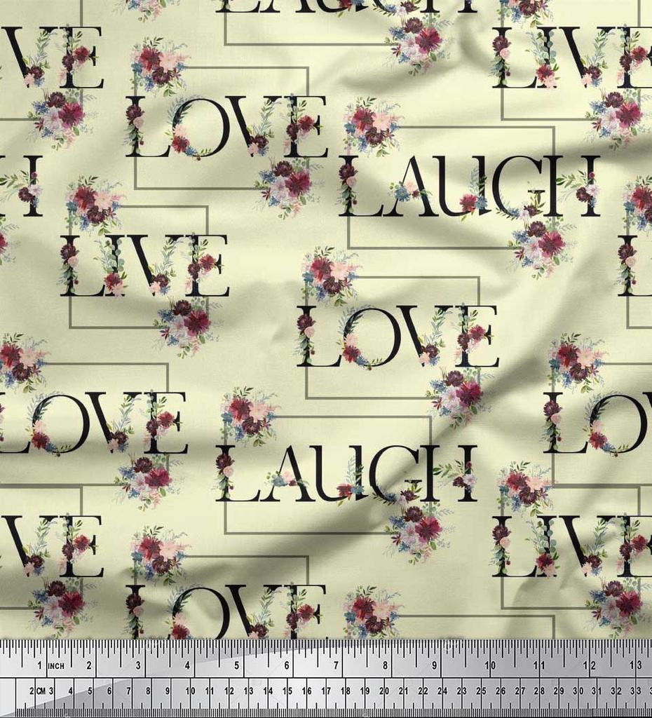 Soimoi Japan Crepe Satin Fabric Floral Love Text Fabric Prints By Metre 42 Inch