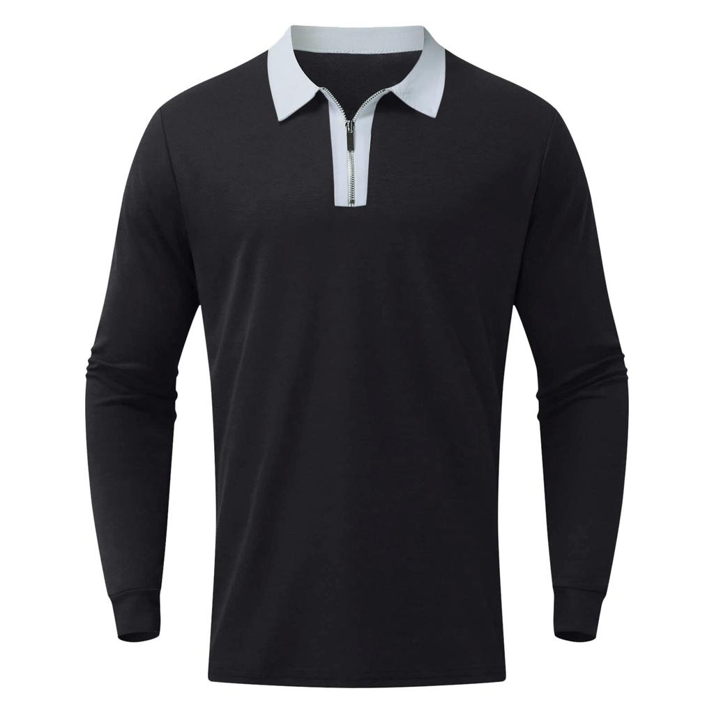 Men's Fashion Zipper Stitched T-Shirt Long Sleeve Lapel Pullover Top Blouse