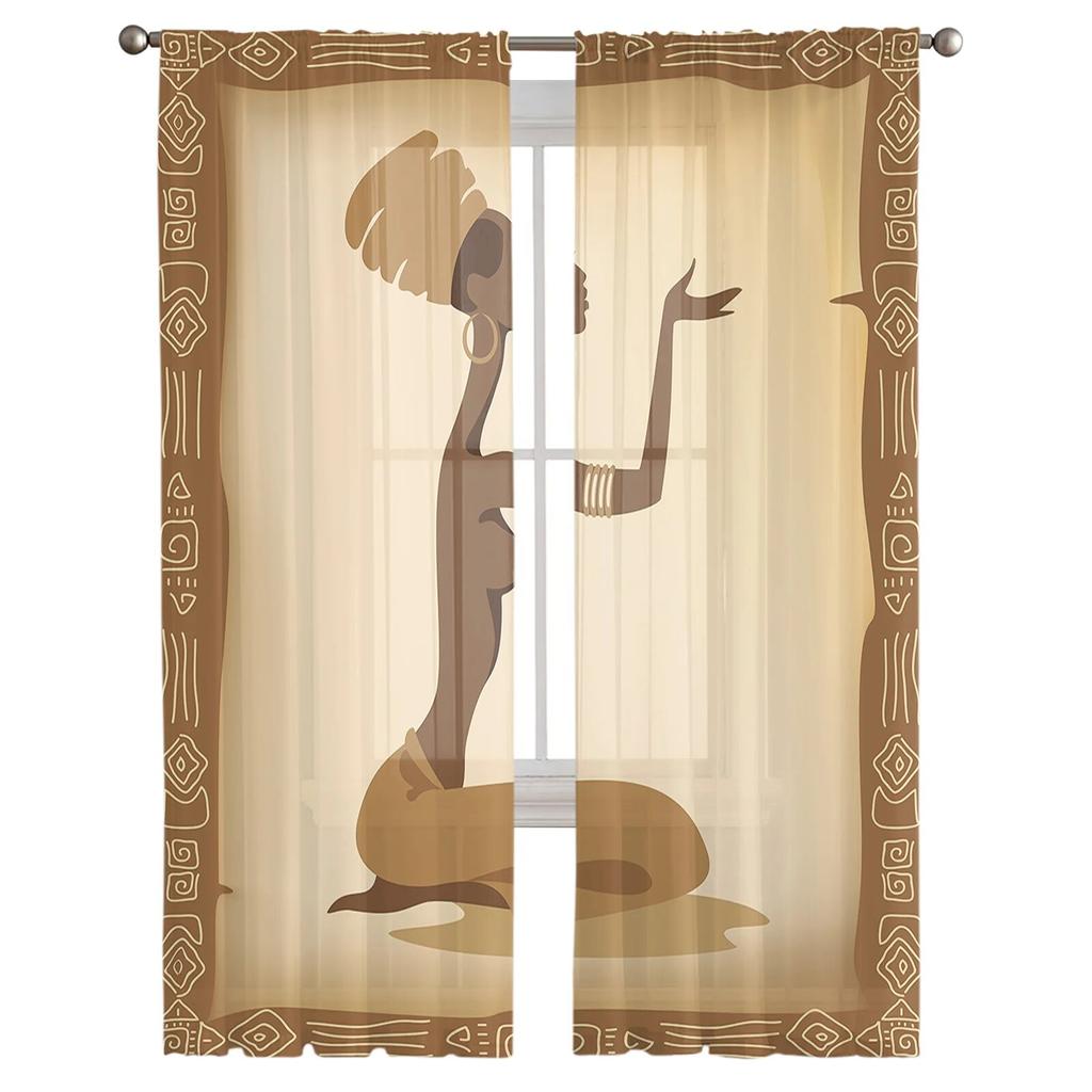 Khaki Woman Praying Turban Totem Bedroom Transparent Sheer Curtains Holiday Decoration Window Voile Tulle Curtain