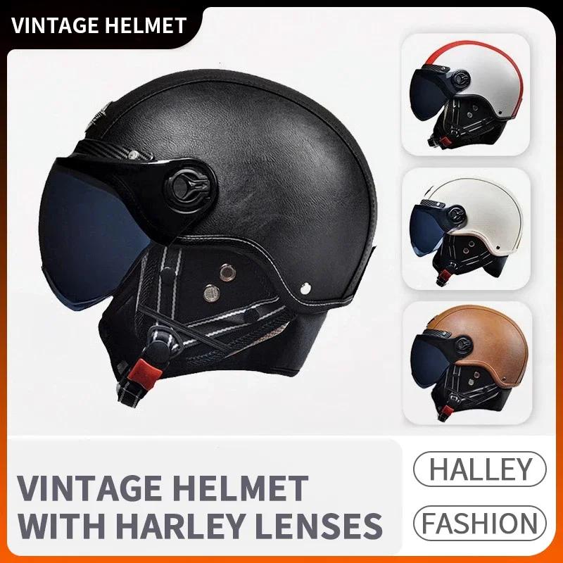 AD Retro Motorcycle Helmets with Harley Visor Leather Helmet for Man Electric Motorbike Vintage Protected Motor Safety Cap