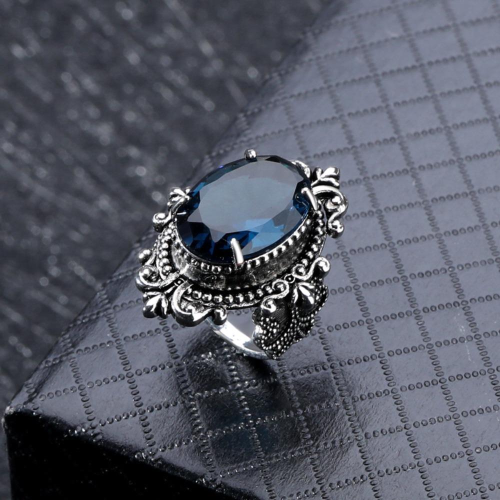 Vintage 925 Sterling Silver Oval Blue Topaz Ring for Women Elegant European Style Jewelry