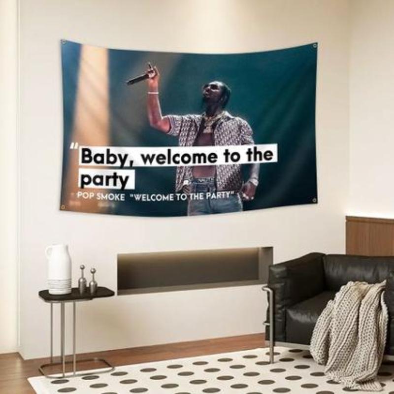 Pop Smoke Welcome to the Party Tapestry, Hip-Hop Rapper Wall Hanging, Streetwear Aesthetic Decor for Bedroom Dorm